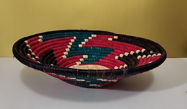 Woven Coiled Basket Tribal Boho Magenta Accents 11" - Image 3