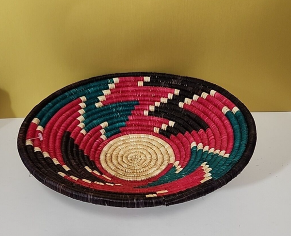 Woven Coiled Basket Tribal Boho Magenta Accents 11" - Image 5