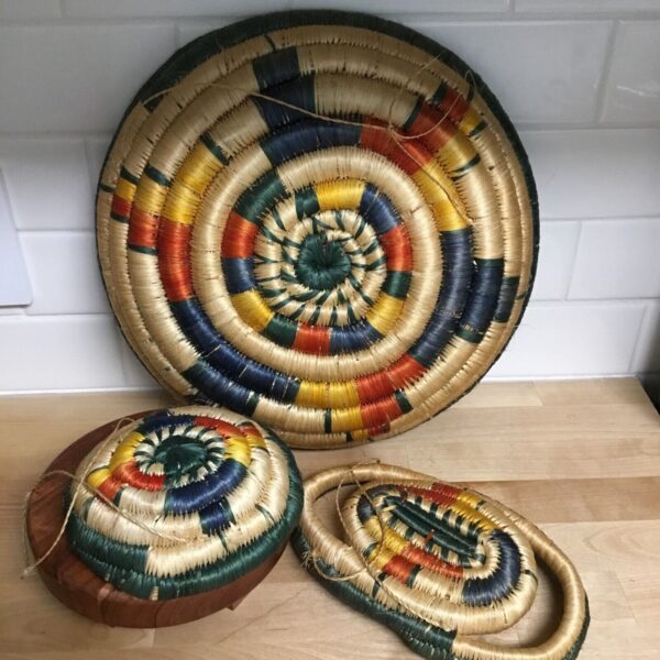 Woven Decorative Baskets African Boho Wall Hanging Decor 3 Pc Set Colorful - Image 5