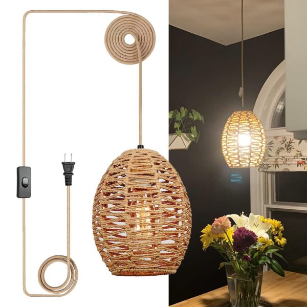 Woven Rattan Hanging Lights with Plug in Cord - 15ft Plug in Pendant Light Ha...