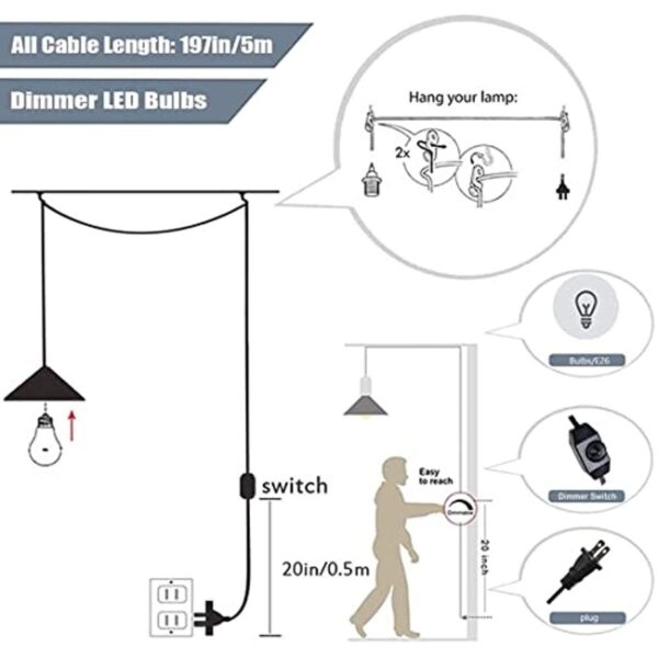 Woven Rattan Pendant Light Plug in Cord Rustic Dimmable Rattan Ceiling Light Fix - Image 2