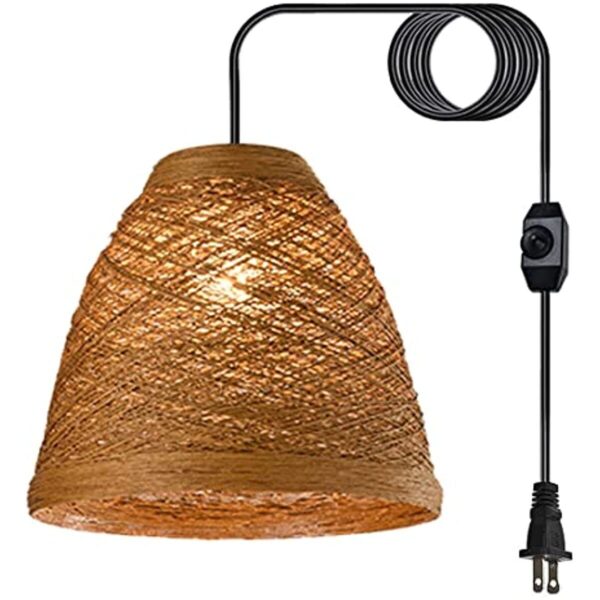 Woven Rattan Pendant Light Plug in Cord Rustic Dimmable Rattan Ceiling Light Fix