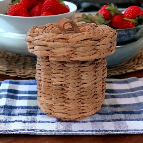 Woven Seagrass Canister Lidded Basket Leather Handle Bohemian Boho Chic Handmade - Image 2