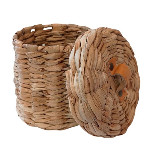 Woven Seagrass Canister Lidded Basket Leather Handle Bohemian Boho Chic Handmade