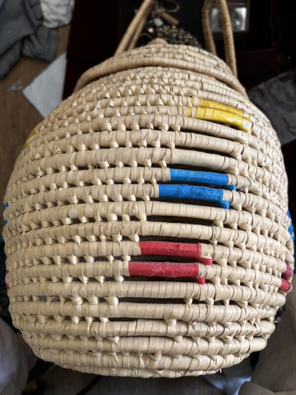 Woven Straw Basket Handles Lid Raffia Stripes Large 19” X 16” Southwestern BOHO - Image 2