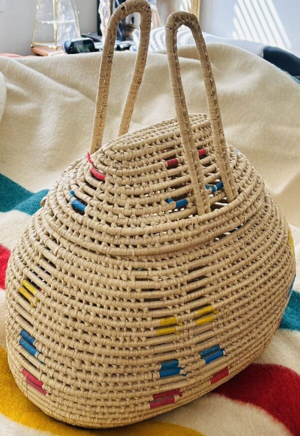 Woven Straw Basket Handles Lid Raffia Stripes Large 19” X 16” Southwestern BOHO - Image 3