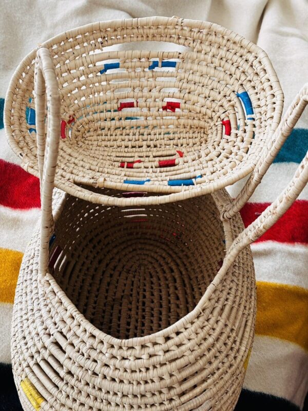 Woven Straw Basket Handles Lid Raffia Stripes Large 19” X 16” Southwestern BOHO - Image 4