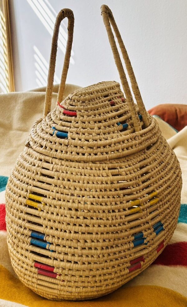 Woven Straw Basket Handles Lid Raffia Stripes Large 19” X 16” Southwestern BOHO