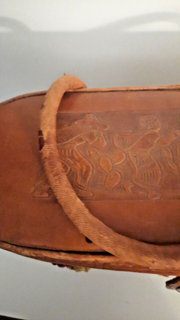 Woven Straw Tooled Leather Raffia Floral Handbag Boho Rockabilly Mexico READ - Image 4