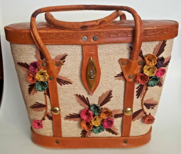 Woven Straw Tooled Leather Raffia Floral Handbag Boho Rockabilly Mexico READ