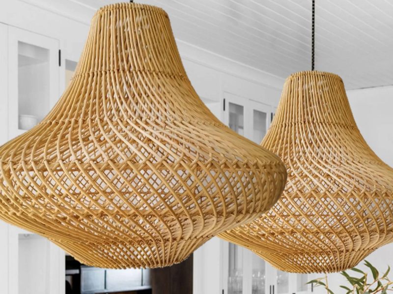 Bali rattan pendant lights used in the kitchen bring a warm and inviting beauty