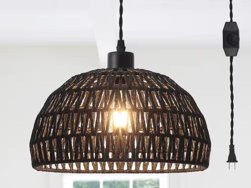 Black a rattan wicker light pendant with corded plug in