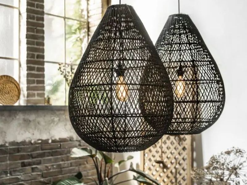 Rattan pendant light with black cord