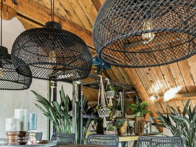 Black bamboo rattan wicker oversize pendant light fixture