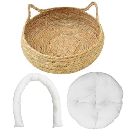 Cat Bed, 15inch Straw Woven Cat Baskets Bed With Soft Cushion, Round 