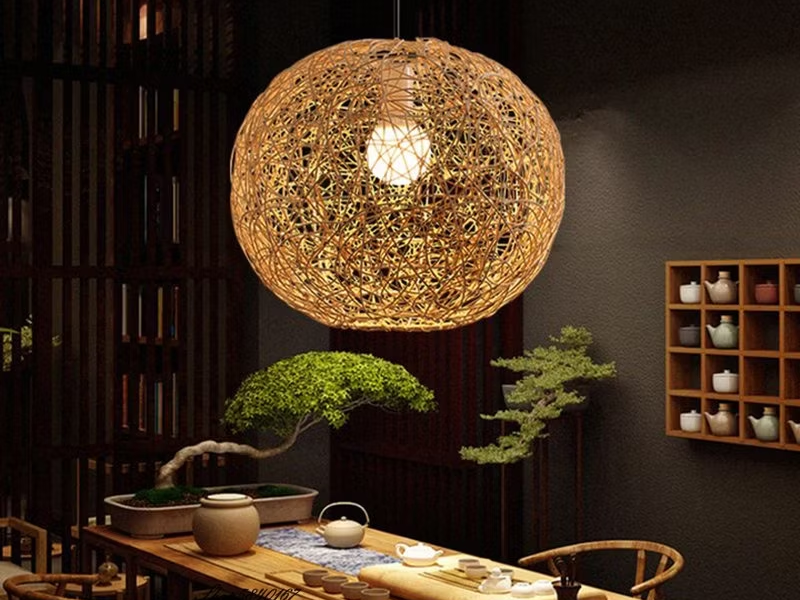 Rattan Pendant Light with Metallic Finish