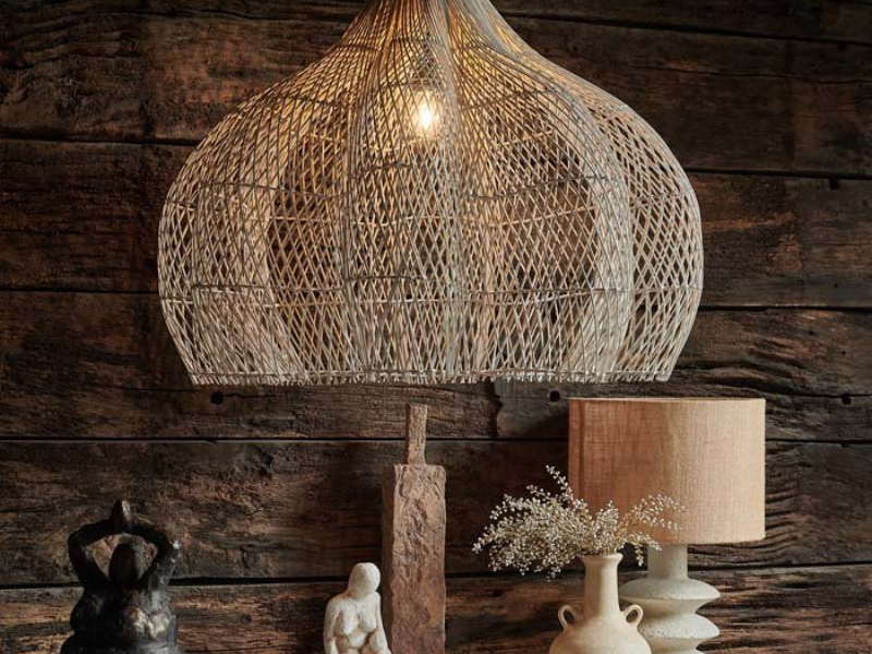 Rattan Pendant Light with Crystal Accents