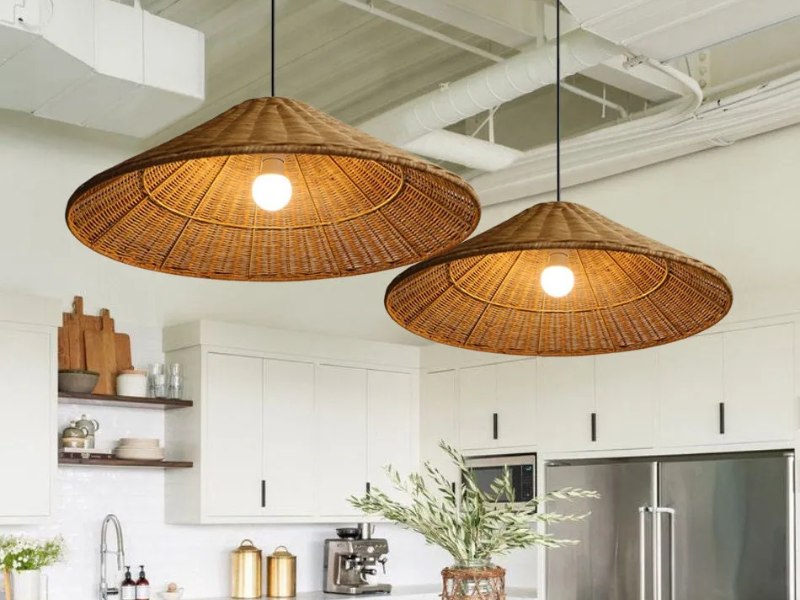 Rattan and Glass Pendant Light