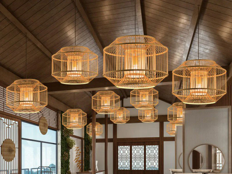 Hanging Geometric Rattan Pendant Light with Lantern Shape