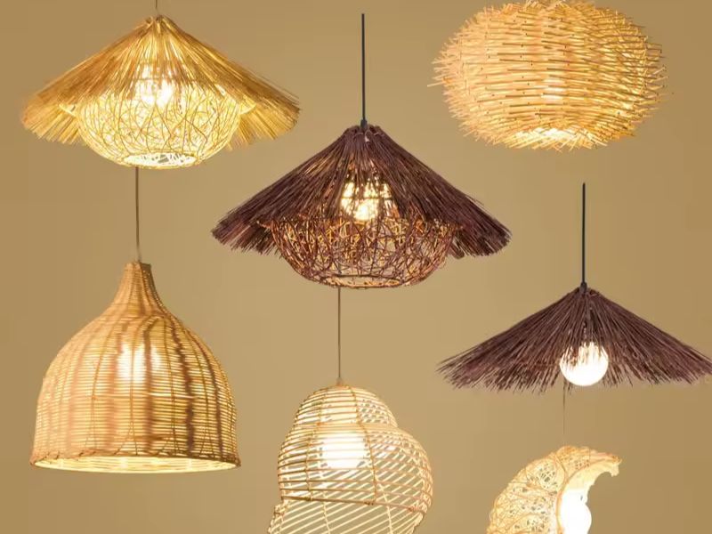 Rattan Pendant Light with Glass Inserts