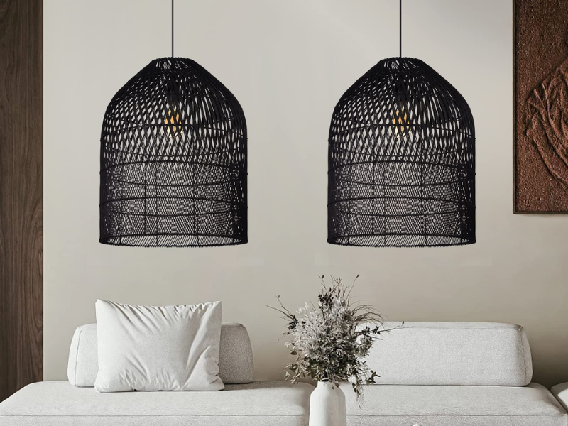 Black Rattan Bell Pendant Light