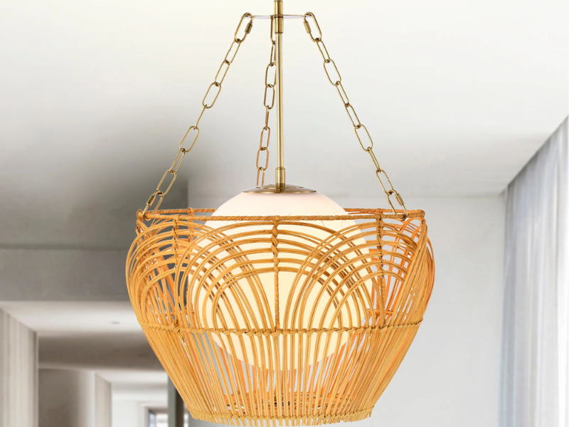 Rattan Pendant Light with Glass Shade