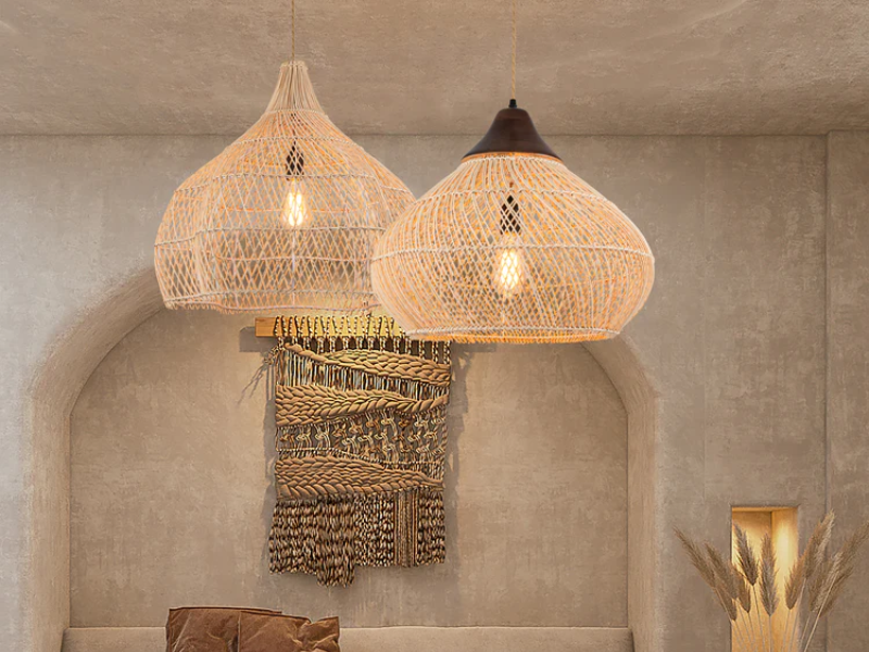 Rattan Pendant Light with Wooden Accents