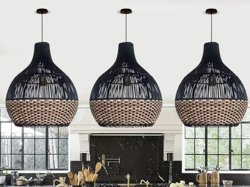 Rattan Pendant Light with Black Frame