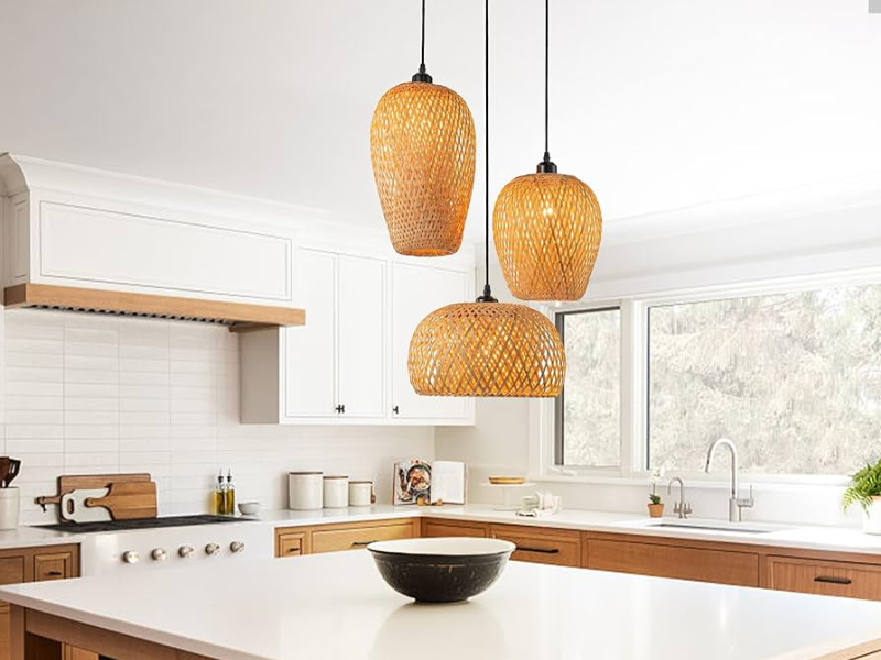 Farmhouse 4-Light Rattan Pendant with Wooden Accents