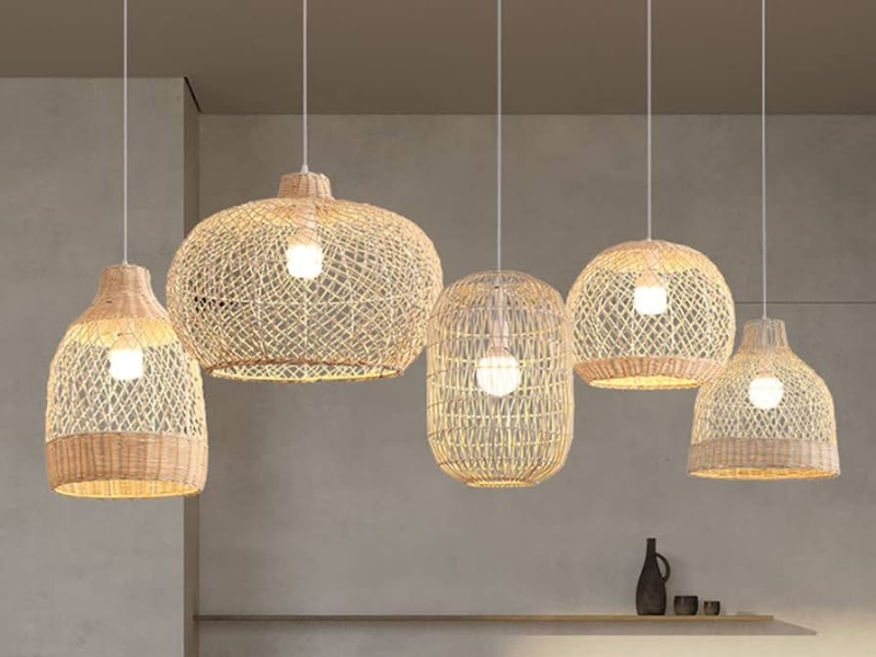 Geometric 5-Light Rattan Pendant with Open Weave Design