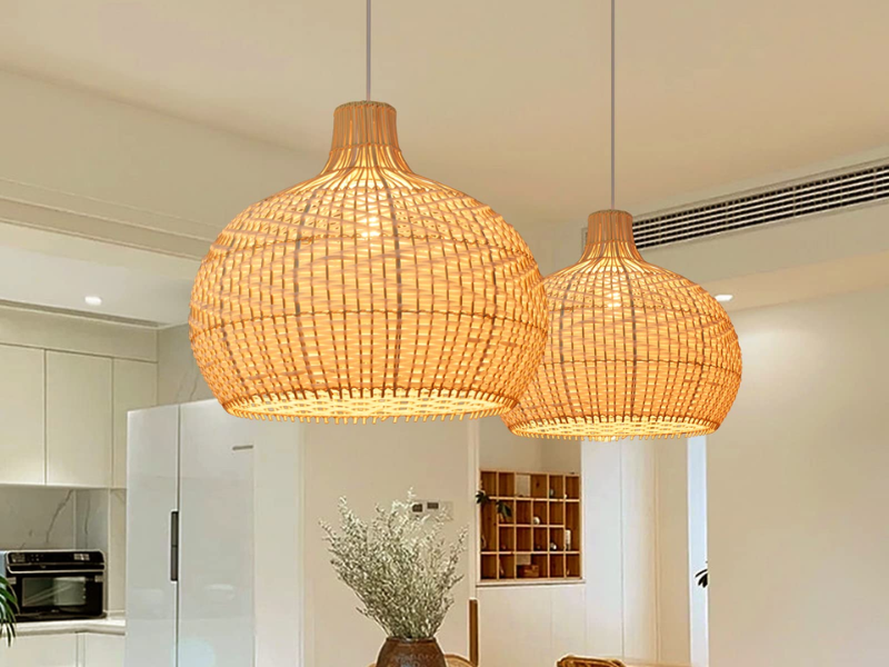 Rattan Round Pendant with Glass Insert