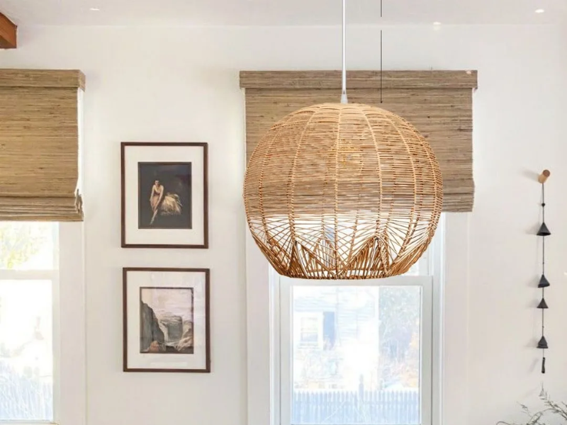 Rattan Round Pendant with Wooden Frame