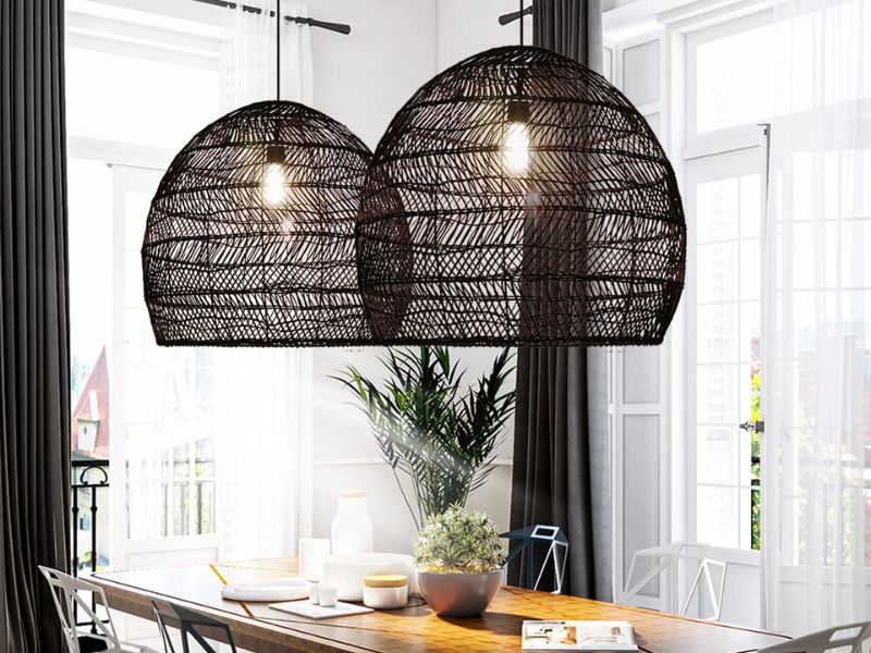 Natural rattan mini pendant light with Black Accents