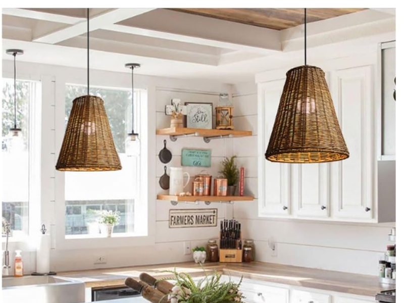 Scallop Rattan Pendant Light with Glass Inserts