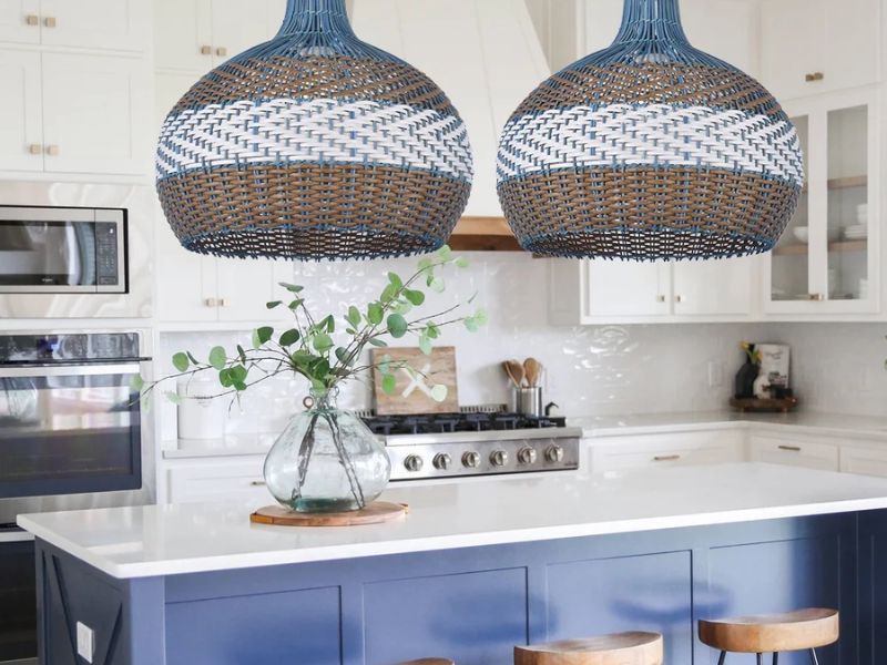 Blue rattan pendant light for Coastal and Beachy Interiors