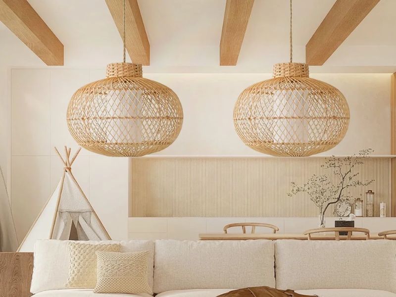 A Tropical Rattan Pendant Light is a light fixture crafted from natural rattan fibers