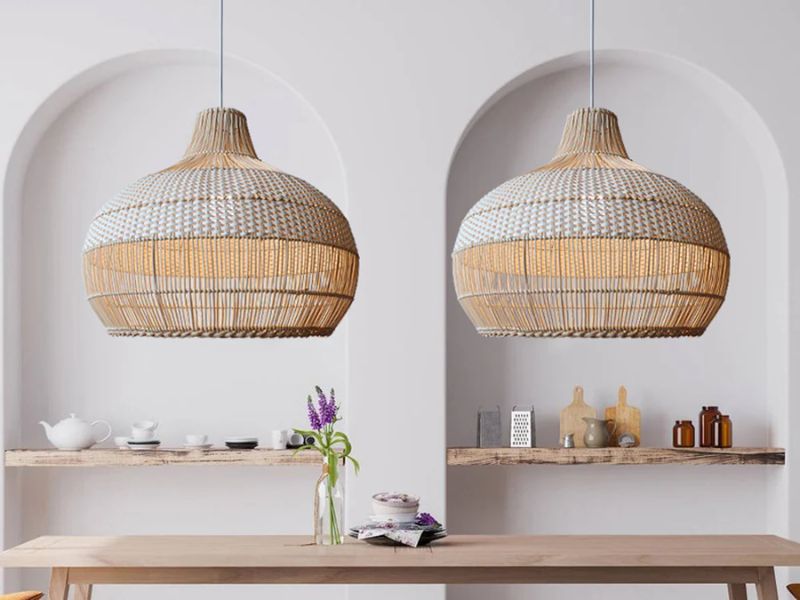 Tropical rattan pendant lights are versatile and work well in various interior styles