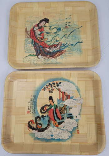 Two Vintage Bamboo Serving Snack Trays 1970s Decorative Oriental - Image 7
