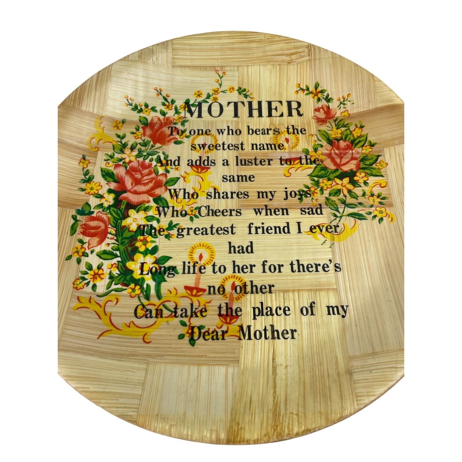 Vintage Bamboo Mother Decorative Floral Round Serving Tray Plate Platter - Image 2