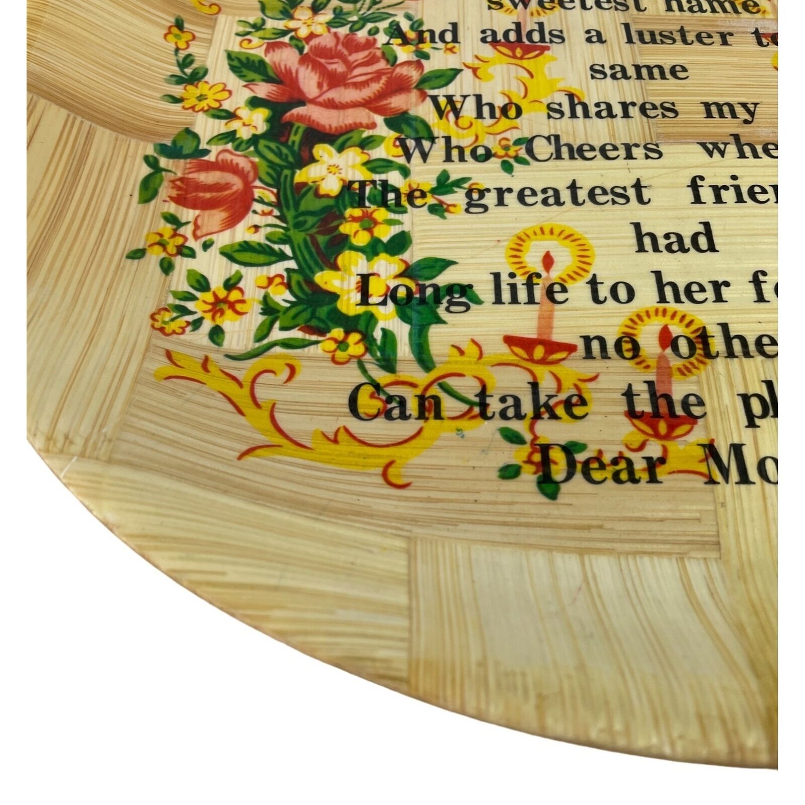 Vintage Bamboo Mother Decorative Floral Round Serving Tray Plate Platter - Image 3