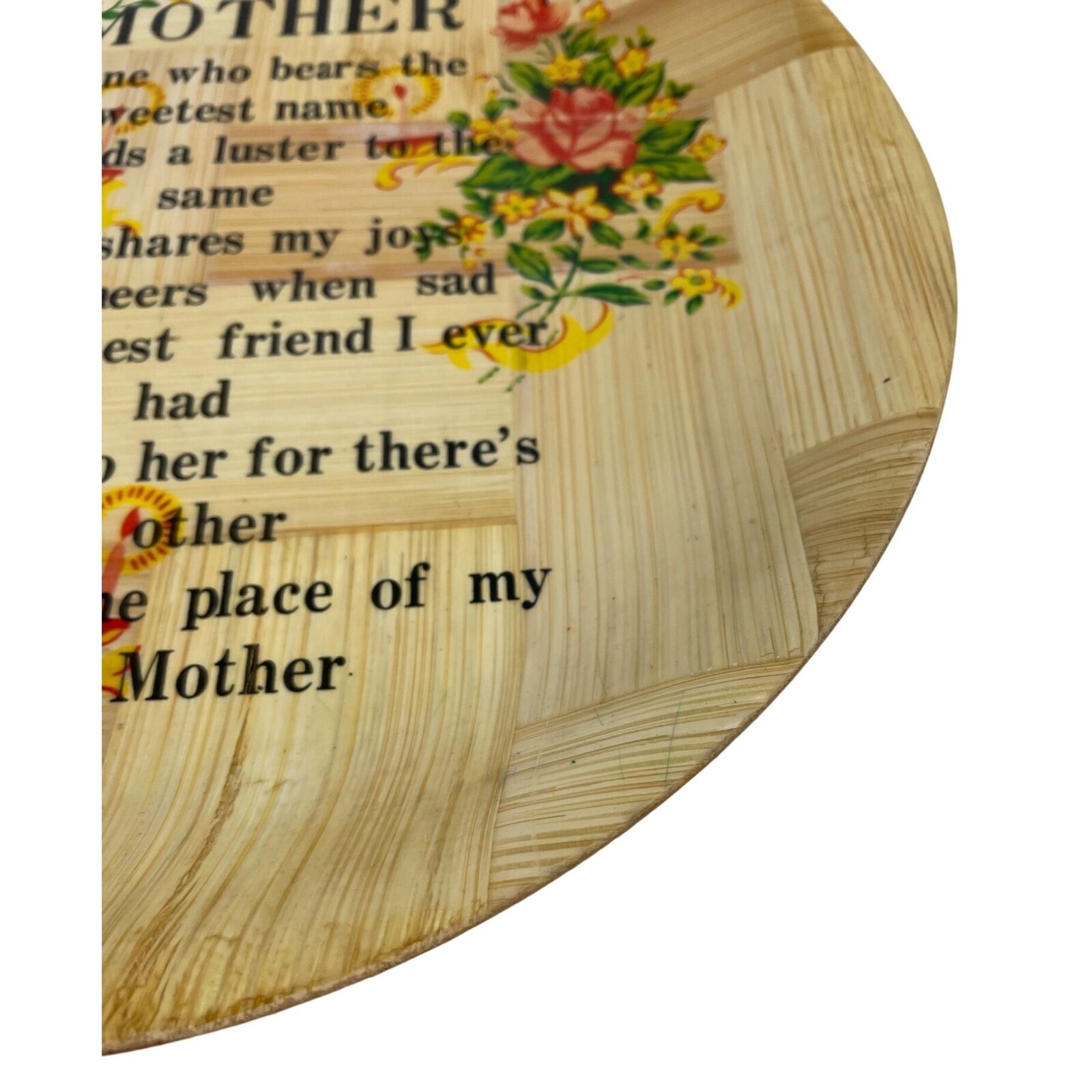 Vintage Bamboo Mother Decorative Floral Round Serving Tray Plate Platter - Image 4