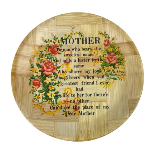 Vintage Bamboo Mother Decorative Floral Round Serving Tray Plate Platter - Image 7