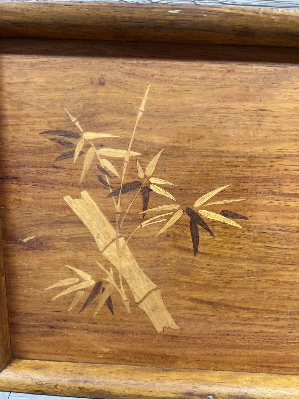 Vintage Wood Inlay Serving Tray With Floral Bamboo Pattern Rustic Asian Decor - Image 3