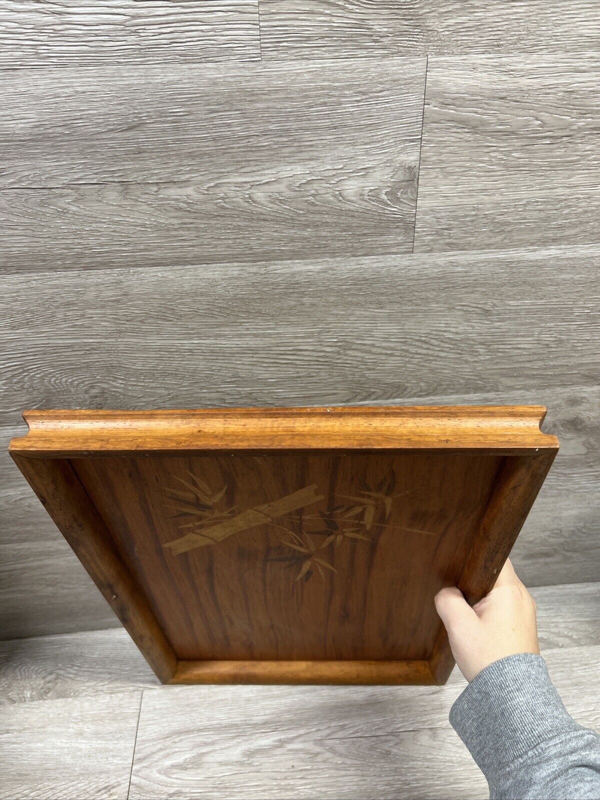 Vintage Wood Inlay Serving Tray With Floral Bamboo Pattern Rustic Asian Decor - Image 4