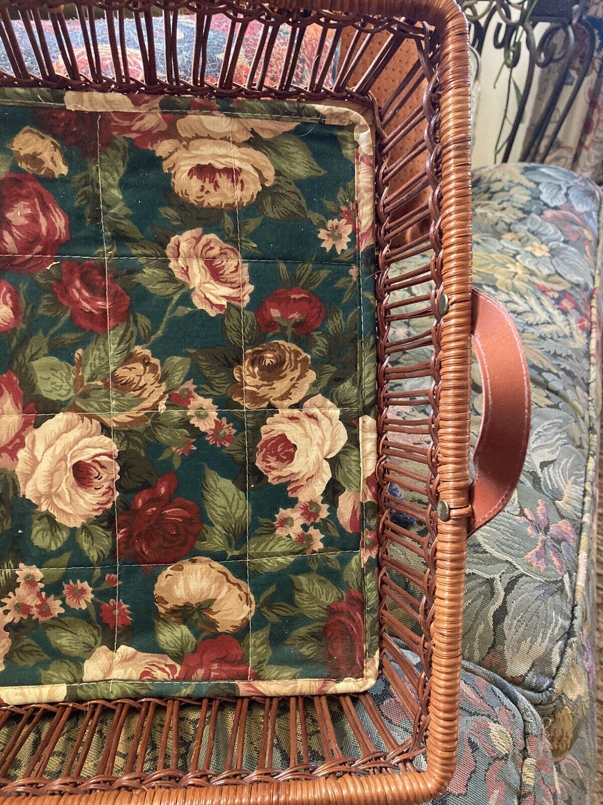 VTG WICKER RATTAN WOOD SERVING DISPLAY TRAY BOHEMIAN BOHO Cottagecore Floral - Image 2