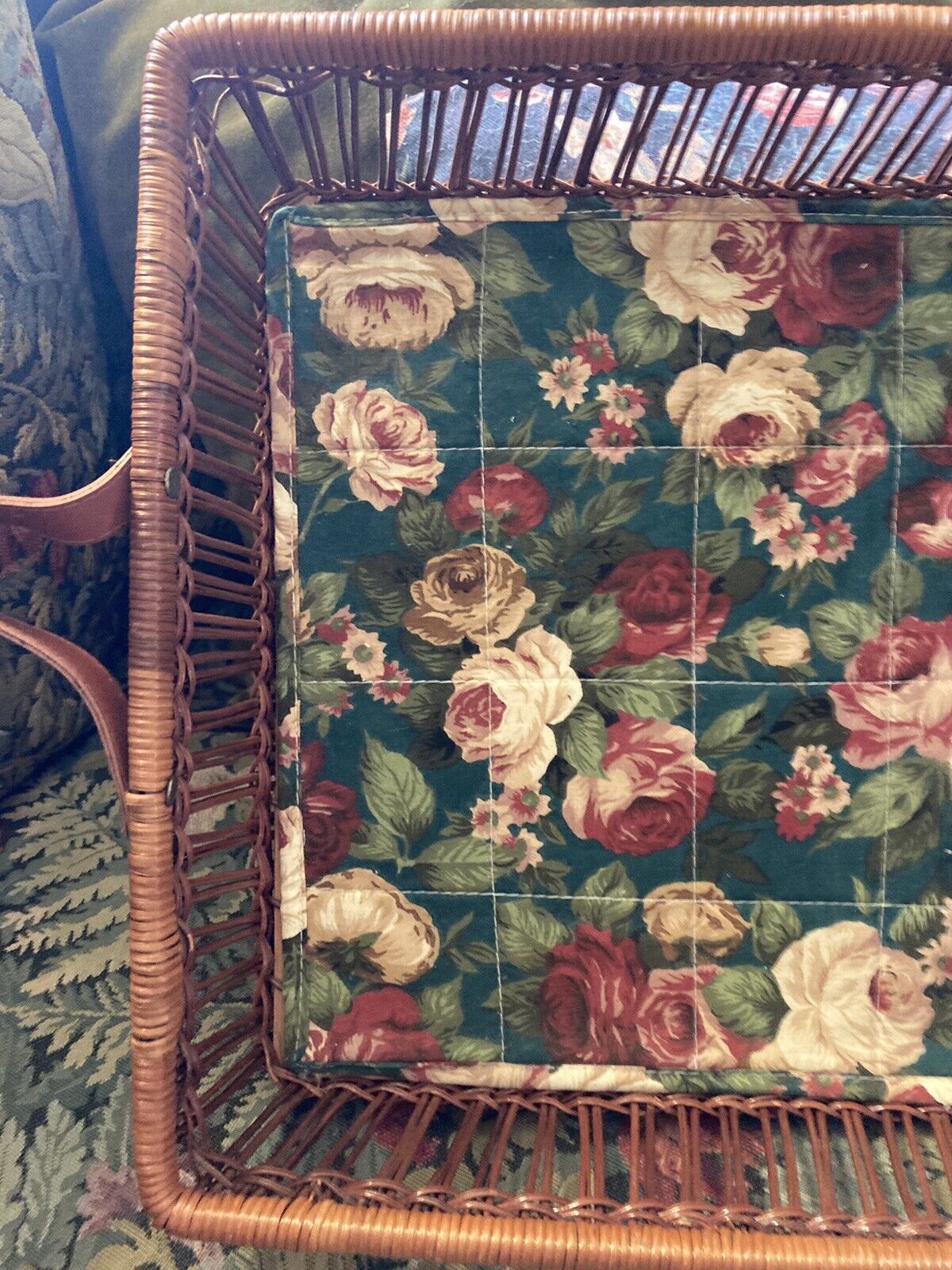 VTG WICKER RATTAN WOOD SERVING DISPLAY TRAY BOHEMIAN BOHO Cottagecore Floral - Image 4