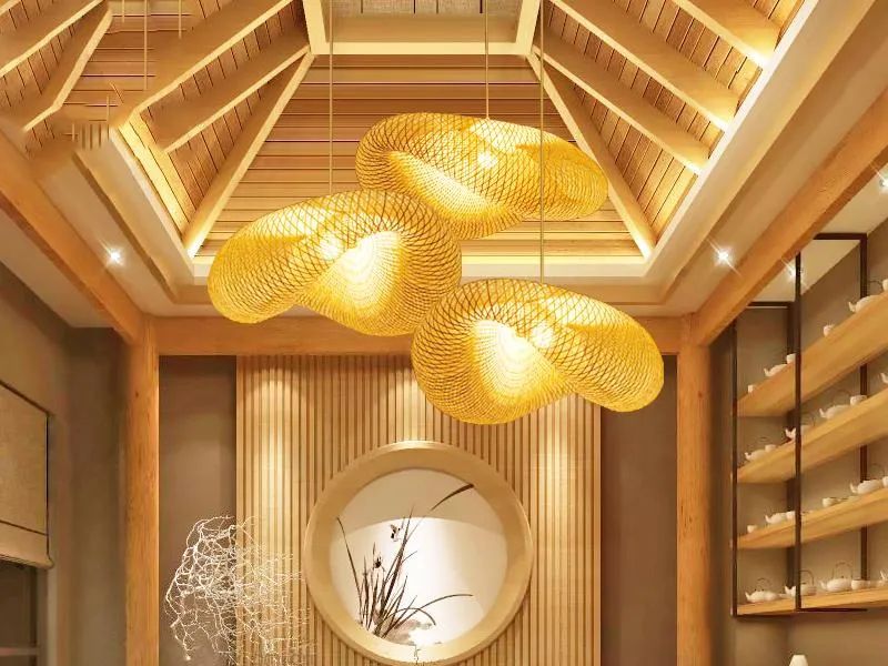 Wave Rattan Pendant Light with Diffused Shade