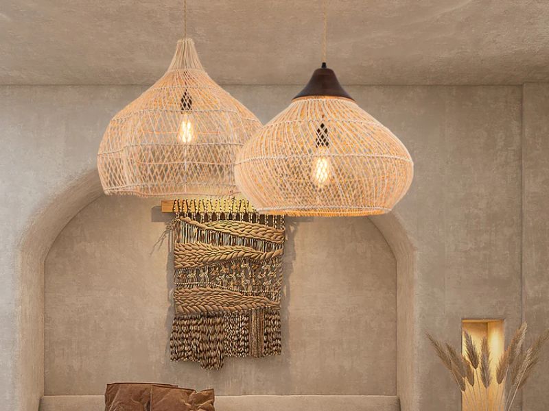 Rattan Pendant Light with Brass Accents