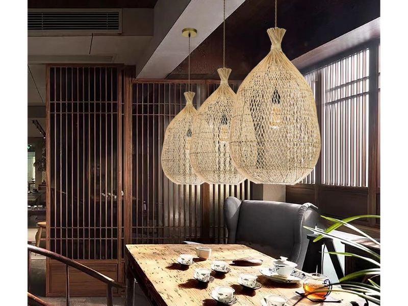 Multi-Light Cluster of White Rattan Pendants