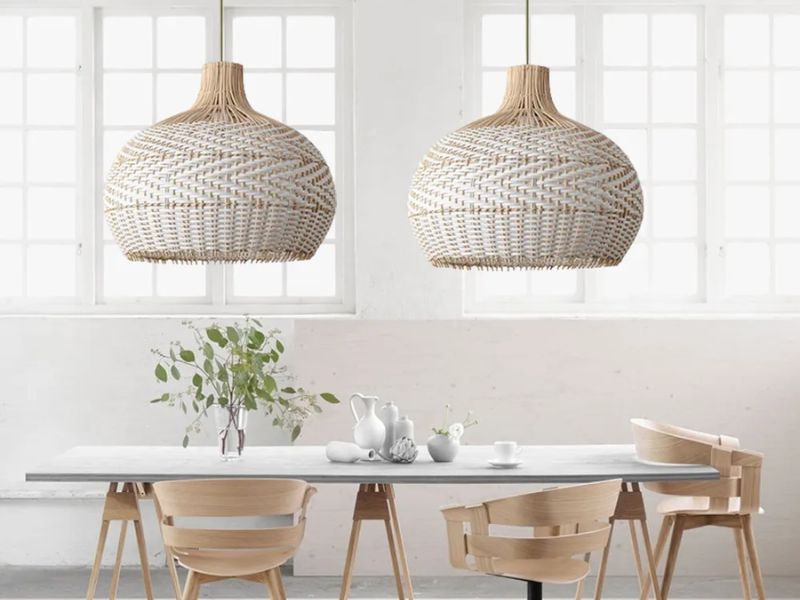 Round Woven White Rattan Light Pendant